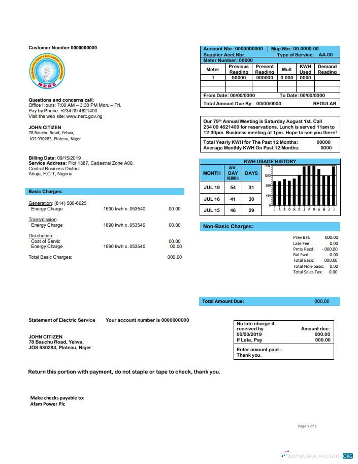 Nigeria Nigerian Electricity Regulatory Commission electricity utility bill template in Word and PDF format